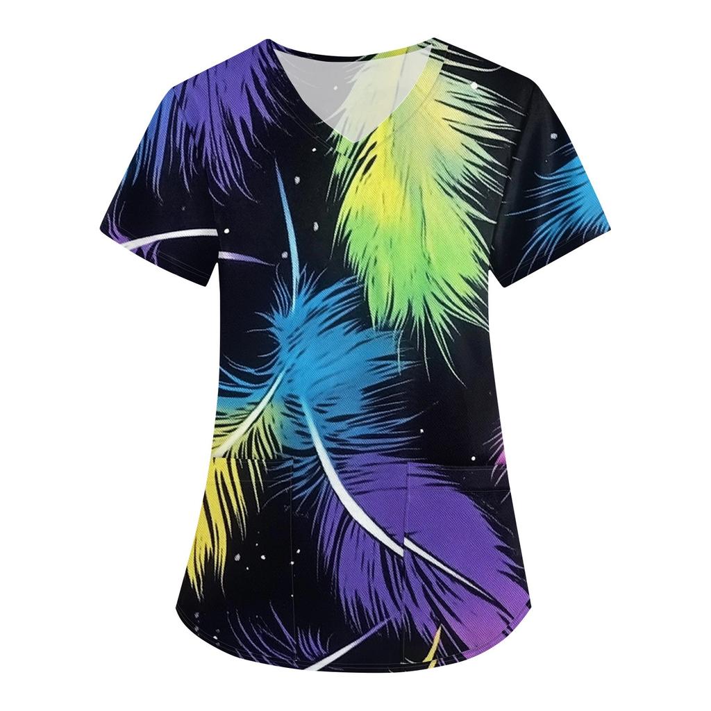 Женская карнавальная принтовая свободная униформа с V-образным вырезом и карманом с коротким рукавом