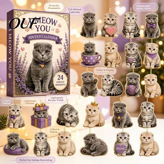 Cute Cat Pendant Set Advent Calendar 2026, 24 Days 2D Acrylic Christmas Ornaments Countdown Calendar, for Kids Collectible Pendants Holiday Tree Home
