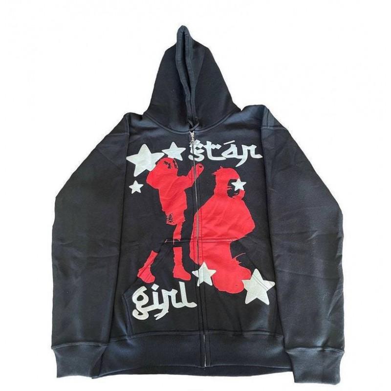 Y2K Streetwear Hooded Zip-Up Sweatshirt Women With Cross Print Loose Fit Casual Top