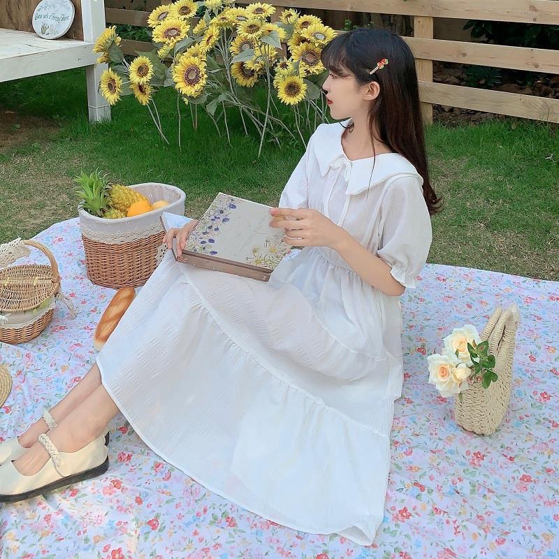 Cute Sweet Well-behaved Girl Solid Color Bow Ruffle Mid-length A-shaped Skirt Age Reduction Looser  Short Sleeve Dress