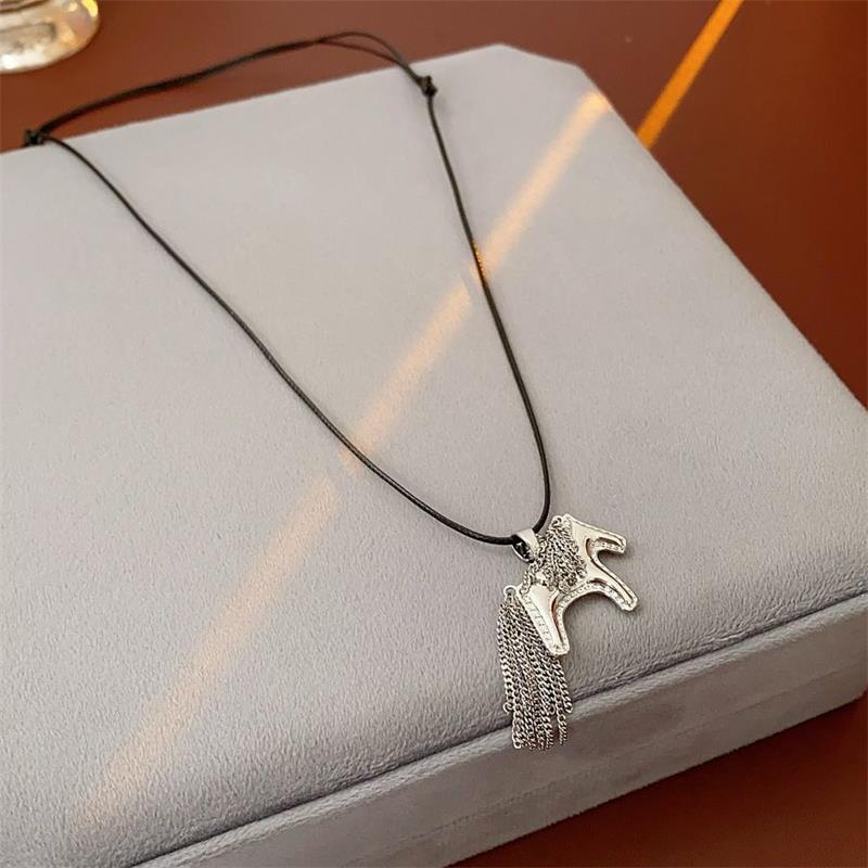 Titanium Steel Horse Pony Tassel Pendant Necklaces Women Mujer Adjusting Long Rope Sweater Chain Neck Accessories Gifts