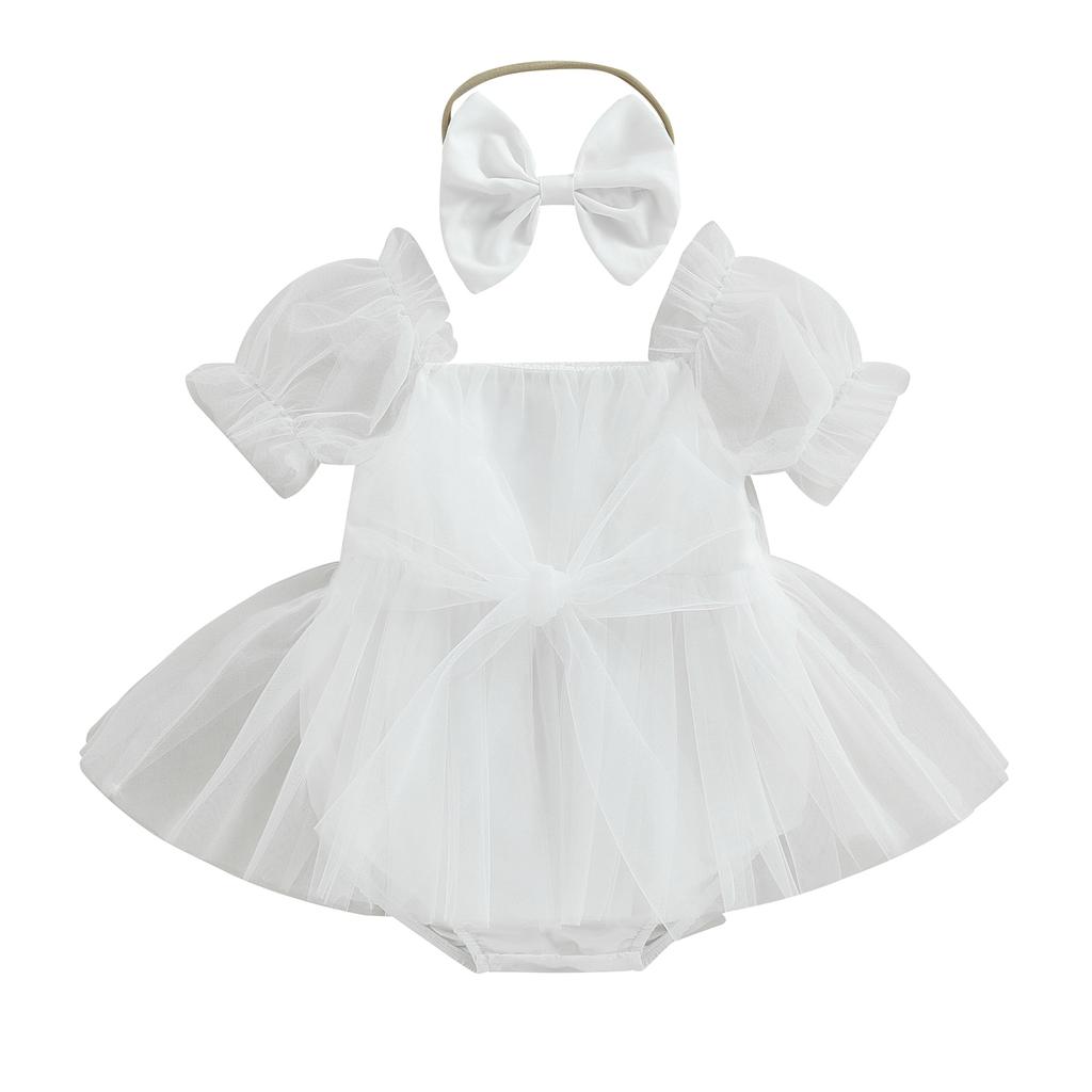 Baby Girl Summer Outfits, Short Sleeve Bow Front Romper Tulle Dress with Headband Set 2Pcs Clothes