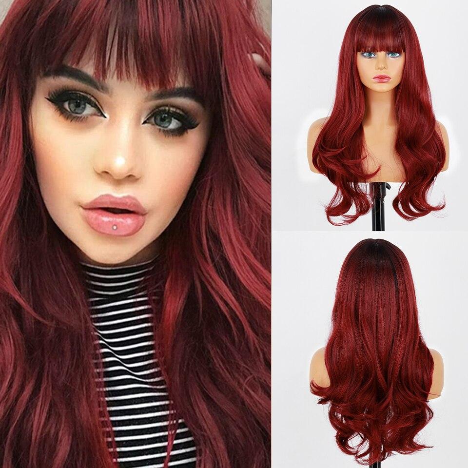 Black Xinran Gradient Pink Long Wave Wig With Bangs Natural Female Wig Synthetic Hair High Temperature Fiber Daily Role Playing