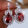 Luxury Red Oval Zircon Stud Earrings for Women Silver Color White Zircon Wedding Engagement Jewelry Gifts