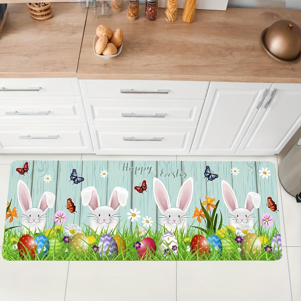 1Pcs Easter Themed Kitchen Mat Soft Cute Bunny Egg And Wood Grain Print Kitchen Floor Mat Waterproof Non-slip Oil-proof Floor Mat Runner Rug