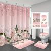 4pcs  Pink Rose Waterproof Shower Curtain With 12 Hooks Non-Slip Bathroom Rug Toilet U-Shape Mat Toilet Lid Cover Pad