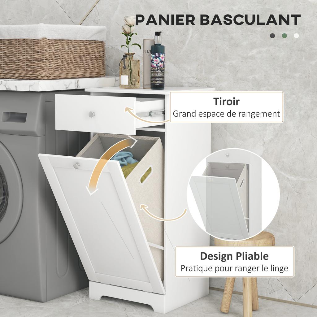 Bathroom cabinet with laundry basket, storage unit with drawer - 40L x 38W x 90.5H cm - white