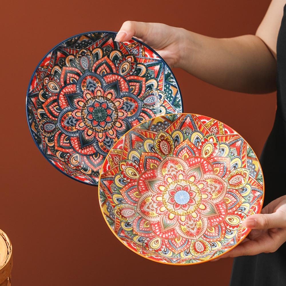 Round Bohemian Ceramic Plate Colorful Meal Dish Tableware Dinner Plate Housewarming Gift