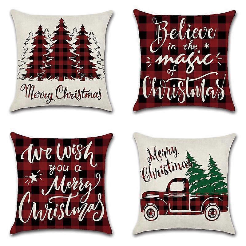 Christmas Design Cushion Covers Set of 4 Throw Pillow Case for Sofa Xmas Room Decorations Cover 18 x 18 Cotton Linen Red