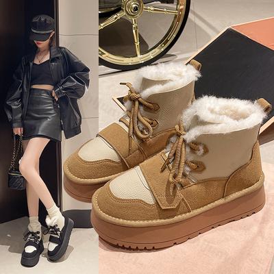 Модные женские зимние ботинки, теплые хлопковые ботинки из плюша, модные короткие ботинки на толстой подошве со шнуровкой, увеличивающие рост, хлопковые ботинки, защищающие от холода