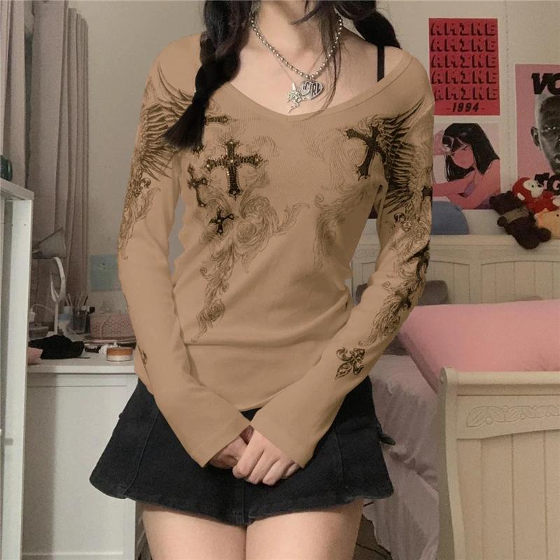 Эстетическая футболка 2000-х годов с графическим принтом «крест и крылья», топы с длинными рукавами, женская одежда y2k, футболка Fairycore в стиле гранж, уличная одежда
