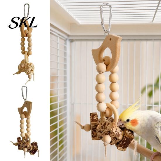 Parrot Chew Toy Wooden Blocks Toy, Bird with Beads Rattan Balls or Dried Star Fruits, Cage Accessory for Small Medium Parrots Cockatiels Budgerigars