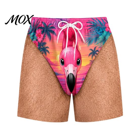 Funny Gift for Men Hairy Booty Shorts, Cheeky Swim Trunks, 3D Fun Flamingo Pattern Shorts Butt Print Beach Summer Vacation Pool Party Surfing Gear