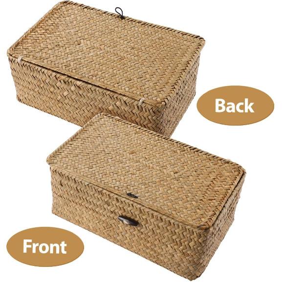 IMIKEYA Woven Storage Box Wicker Storage Bins with Lid Seagrass Basket Desktop Hand- Woven Box for Home Office Shelf Organizer