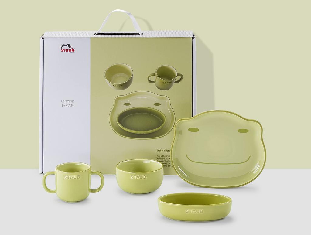 Staub Baby Kids Tableware 4 шт. Набор зеленой тарелки, миски, кружки, японская керамическая посуда STAUB Baby Kids "Керамика и лягушка" для детей [Авторизованный продукт] и