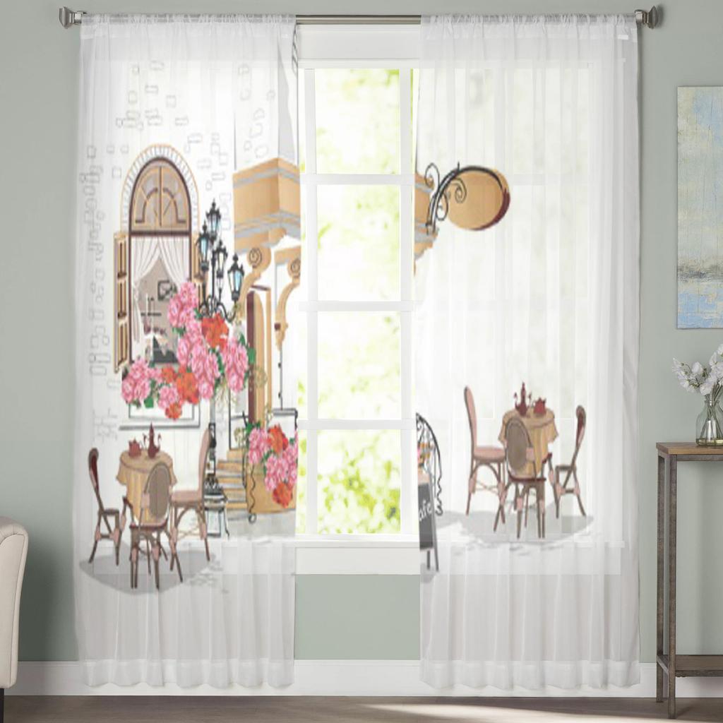 Вид на город и уличные цветы в кафе, прозрачная занавеска для гостиной, современные вуалевые тюль-шторы для спальни, кухни, шторы