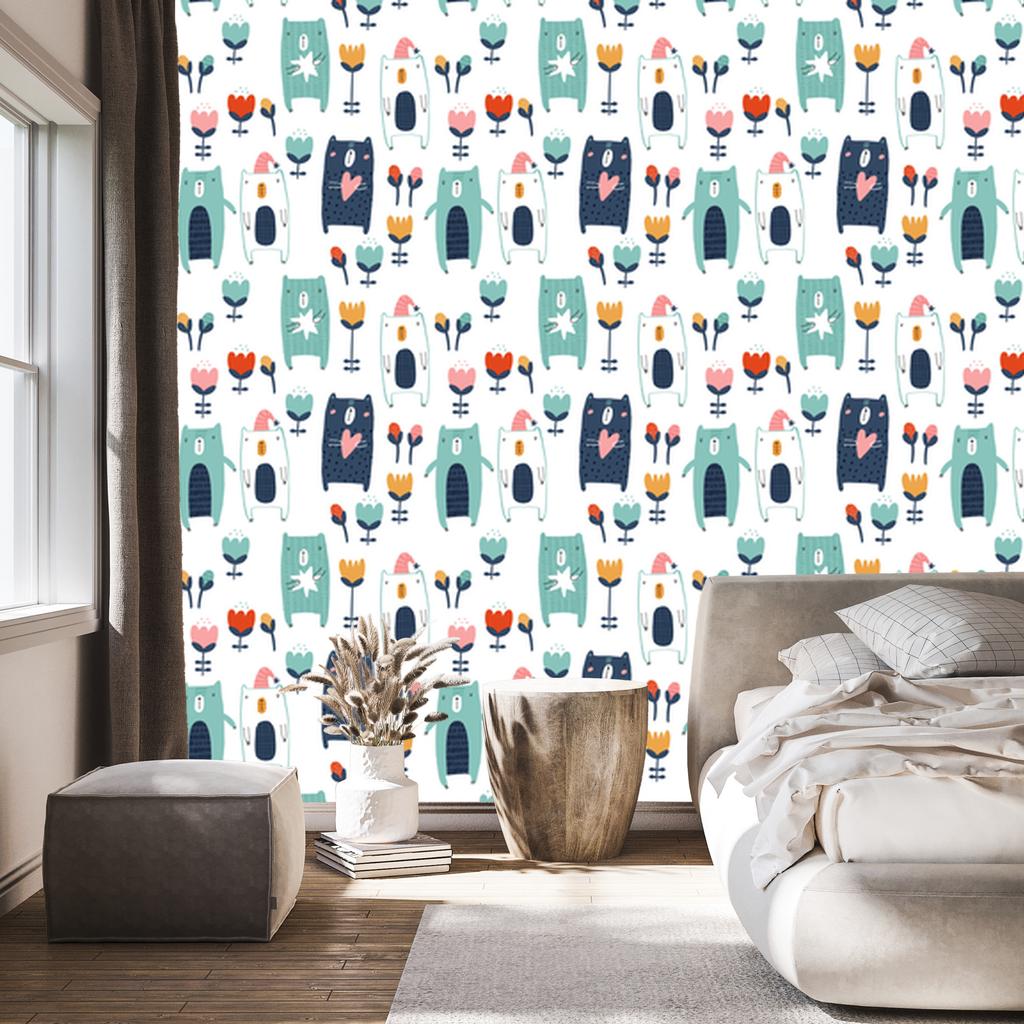 Teddy bears among flowers wallpaper for living room and bedroom 50x1000