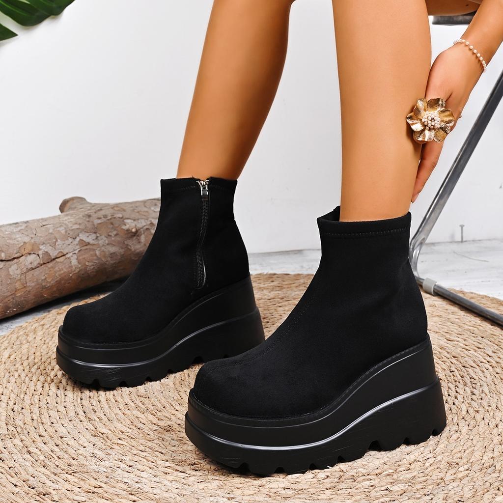 Fashion Fall Winter High Platform Boots Women Stretch Fabric Wedges Ankle Boots Women Punk Style Party Goth Shoes Woman Big Size 43