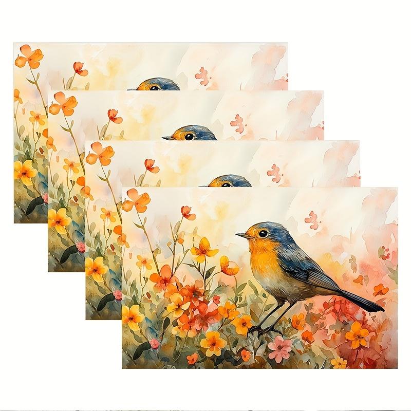 4pcs, Festival Easter Placemats, Watercolor art herbaceous flowers Lively Robin, Easter Table Mats Kitchen Mat for Dining Table, Easter Decor, Spring