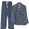Yumekairou Silk London Navy and Stylish Waist Long Loungewear for a Good Sleep Navy and Women's Pajamas, Stripe, 100% Silk, Ivory, Tie, Sleeves,