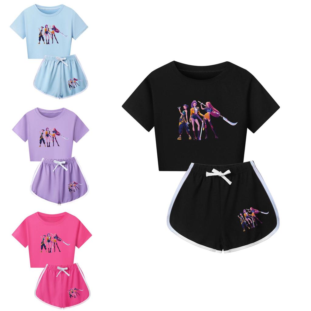 Kpop Demon Hunters Print Child Short Sleeve Shorts Pajama Set With Polyester Cotton Blend For Family Sleepwear