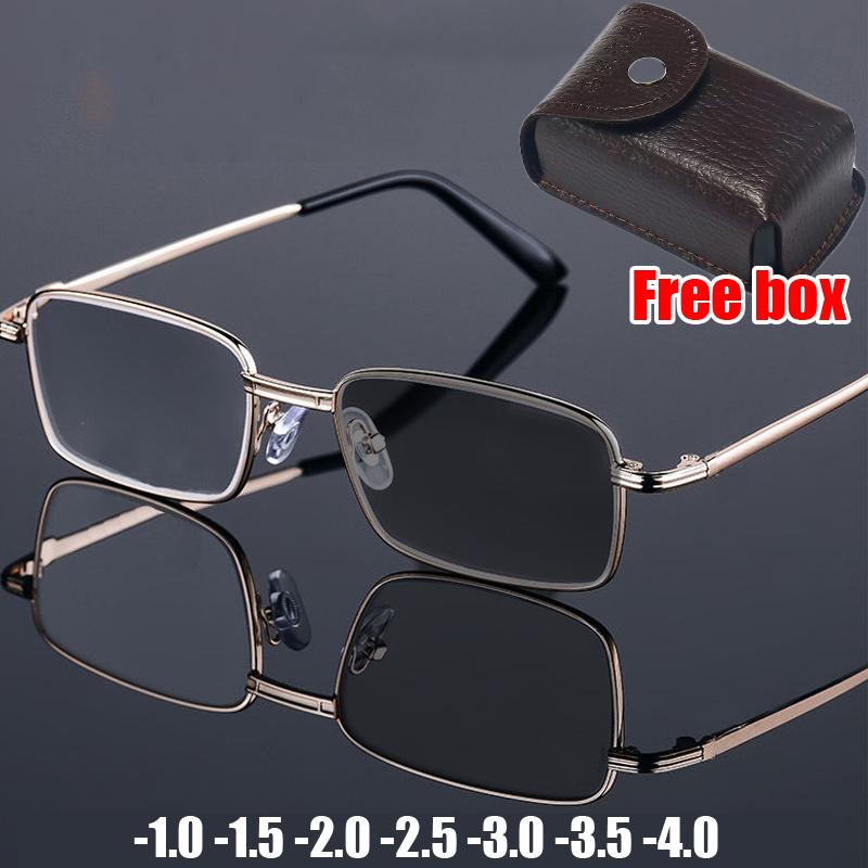 Foldable Rectangle Photochromic Nearsighted Glasses Fashion Men Anti Blue Light Outdoor Color Changing Minus Sunglasses with Box