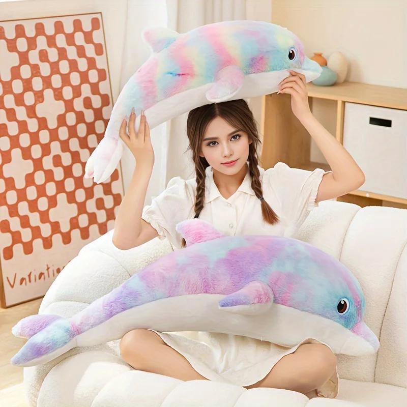 Большая очаровательная красочная плюшевая игрушка-подушка в виде дельфина, мягкая и приятная мультяшная модель для декора детской комнаты, подарки на день рождения для детей и взрослых