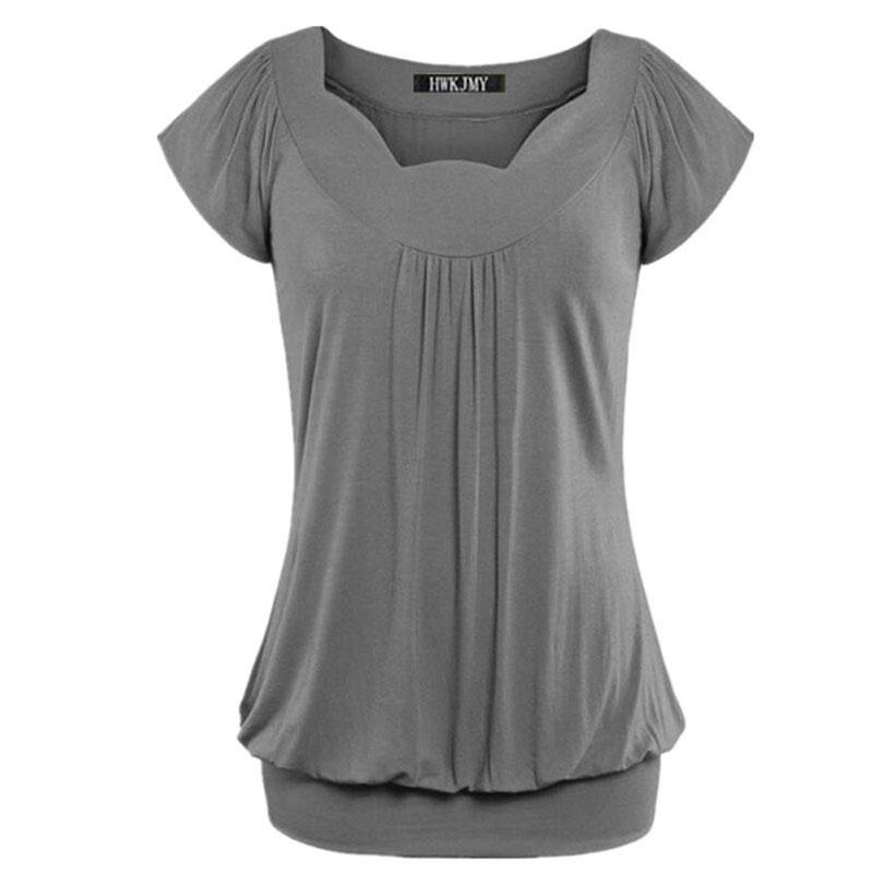 Elegant Women's Fashion Summer V-neck Short Sleeve Pleated Loose Blouse Plus Size