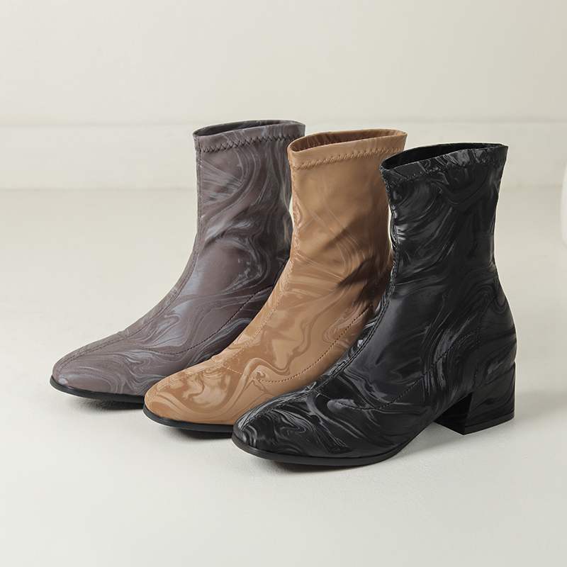 lenkisen PU Autumn Winter Shoes Thick Med Heels Printing Oriental Design Chelsea Boots Keep Warm Patterens Leather Ankle Boots