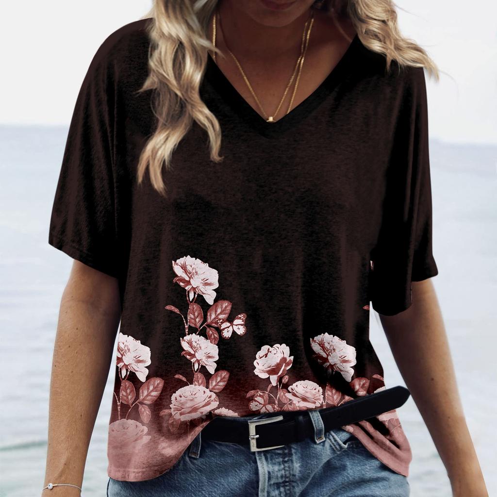 Women's Fashion Casual Print V-neck Short Sleeves Printed T-shirt