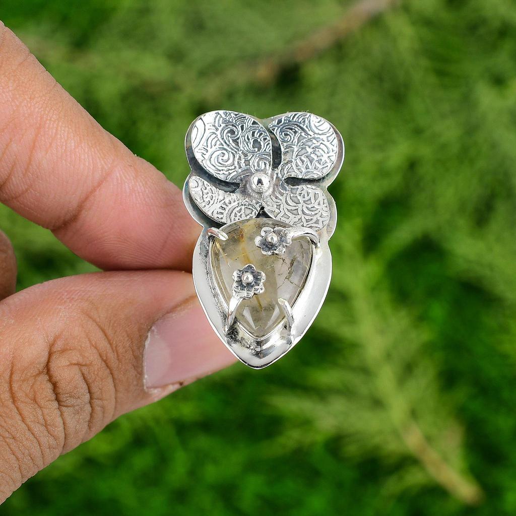 День матери Сделка Серебро 925 пробы Золотистый рутил Камень Солитер Дочь Цветок Кольцо