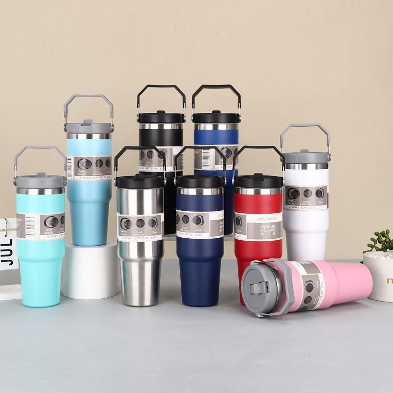 30oz Stainless Steel Travel Mug With Handle Straw Lid Vacuum Insulated Water Bottle Car Office Gym