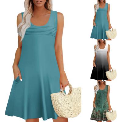 Женские летние платья, свободные сарафаны без рукавов с U-образным вырезом и карманами