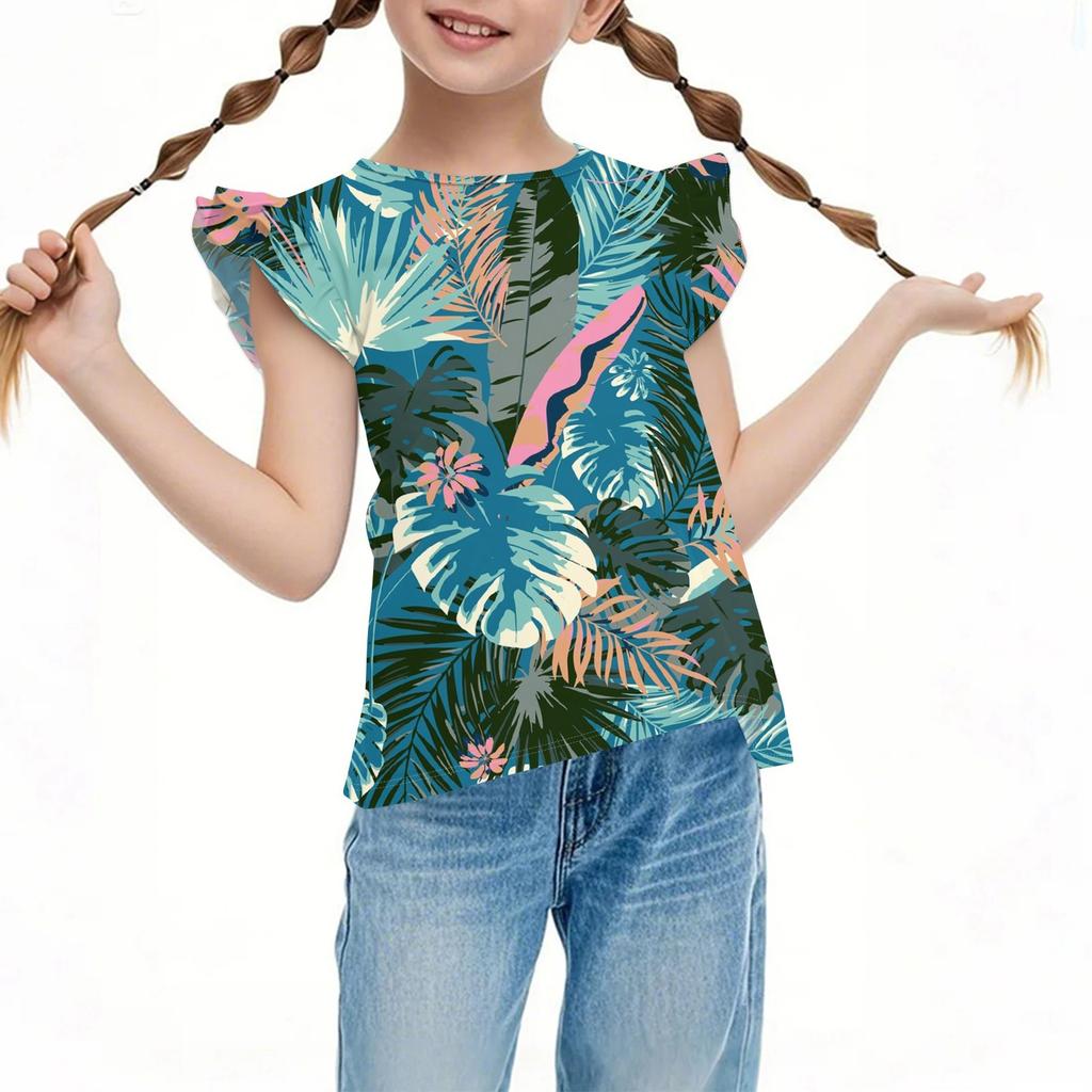 Детский повседневный топ с короткими рукавами, плиссированный, милый, с гавайским принтом, с круглым вырезом