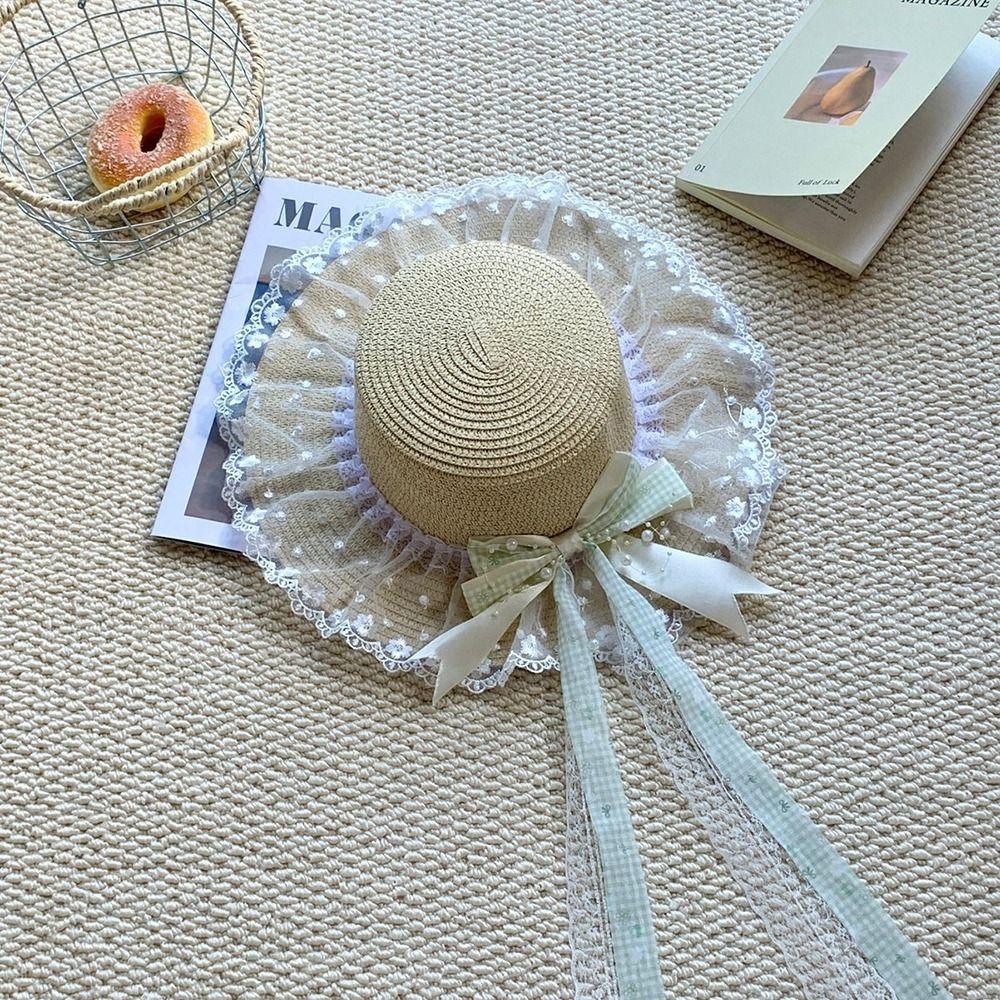 Flower Straw Hat Big Bowknot Wide Brim Hat Lolita Sun Protection Hat Seaside Vacation