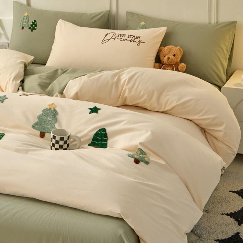 Sleep grid cotton brushed cartoon embroidery four piece set