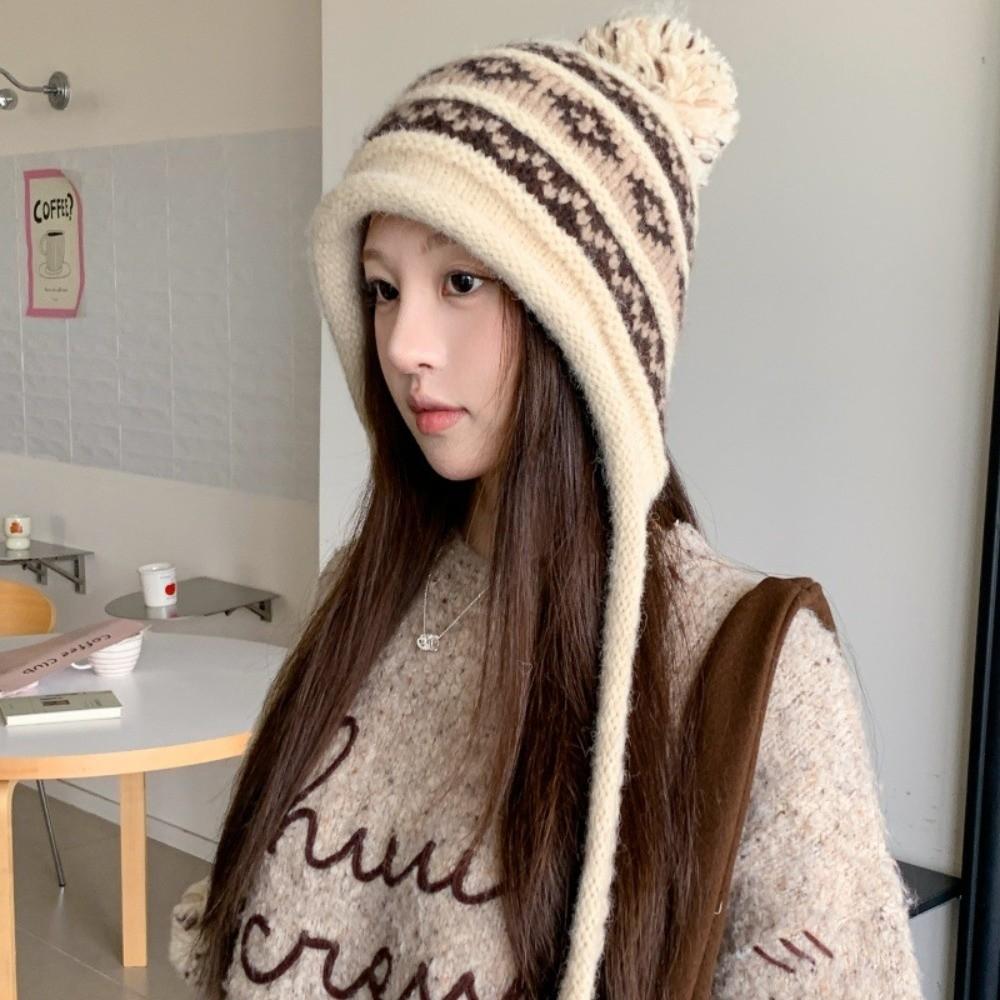 with Pom Pom Knit Earflap Hat Cold Proof Outdoor Fall Winter Hat Warm Knit Beanie Women