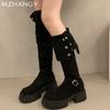 Женские замшевые высокие сапоги на толстом каблуке выше колена, женская обувь 2025 года, трендовая зимняя мода, ретро-сапоги для мотоциклистов, Mujer Botas