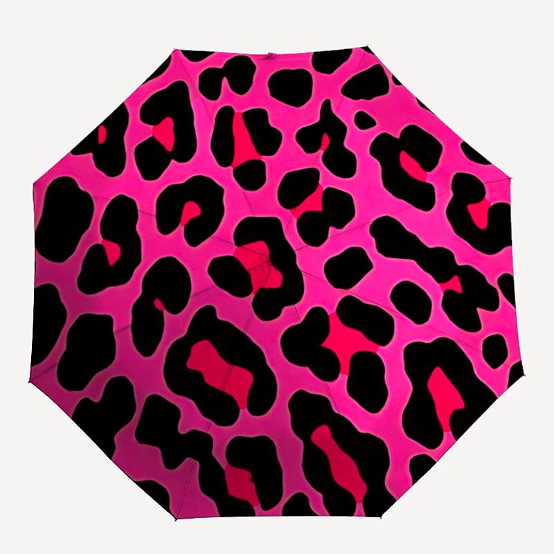 1pc Pink Leopard Print Automatic Umbrella - Auto Open/Close Folding Umbrella with Reinforced 8-Rib Frame, 074