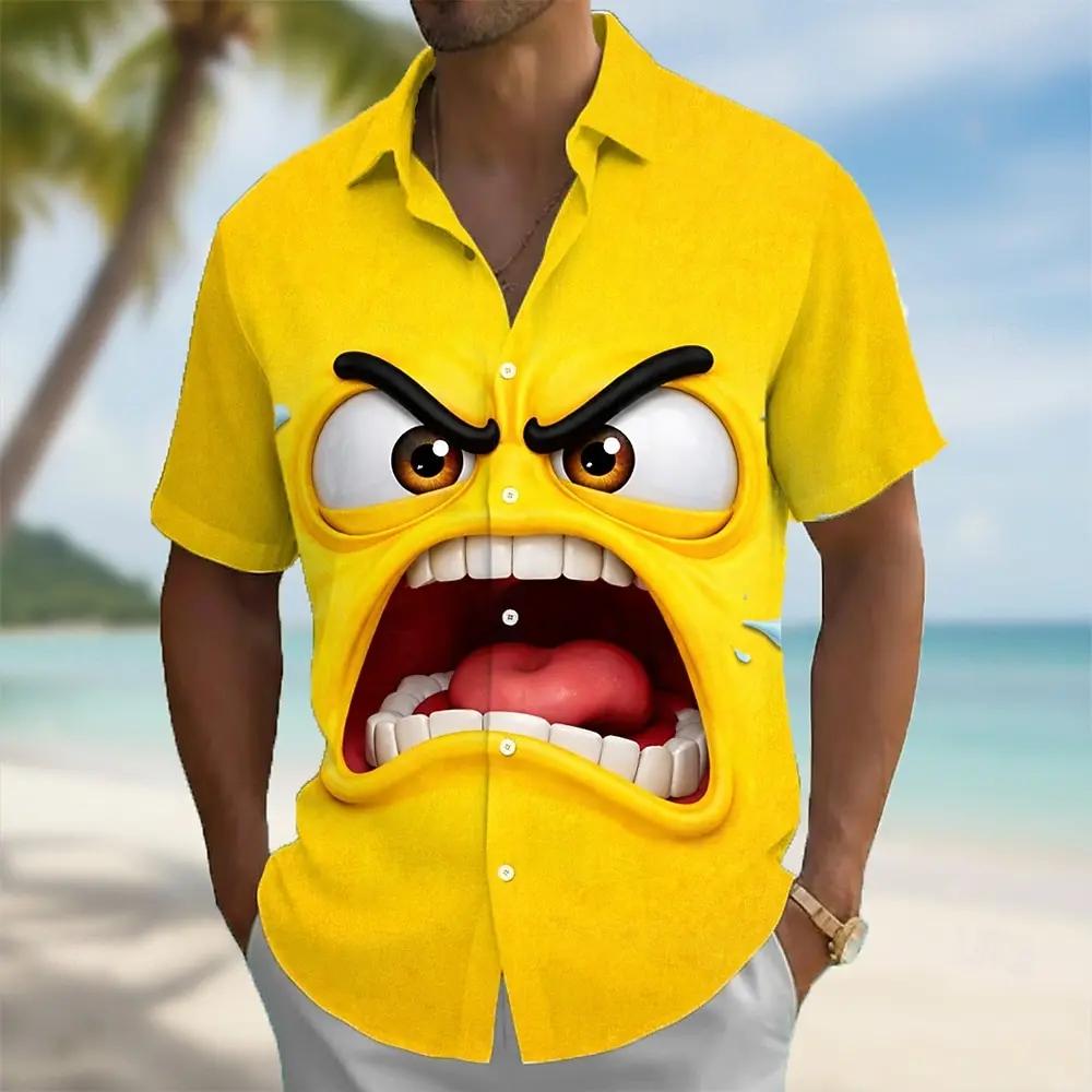 3D Angry Face Print Short Sleeve Button-Up Shirt, Casual Summer Beach Wear