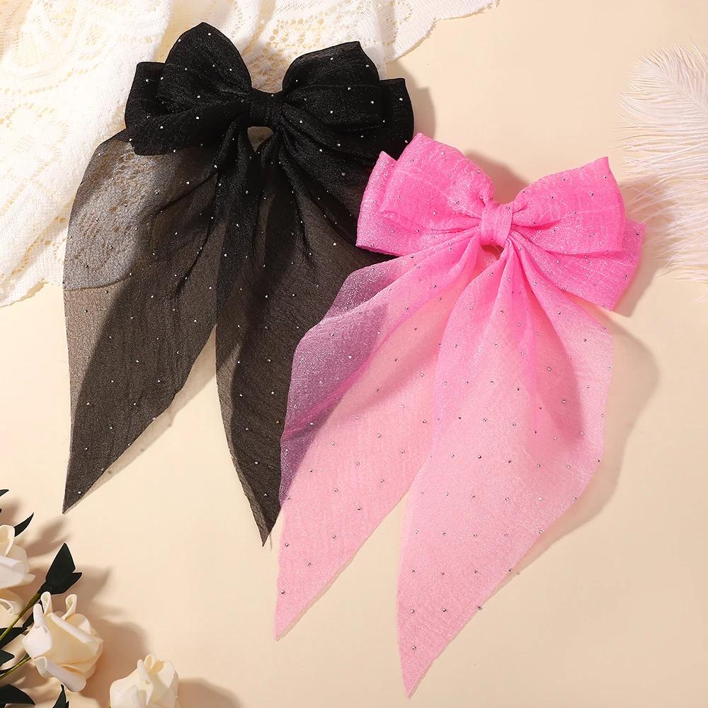 RAINBOW BOWS 1PCS Elegant Large Bow Ribbon Hair Clip Women Simple Satin Spring Clip Ponytail Bow Hairpin Girls Hair Accessories