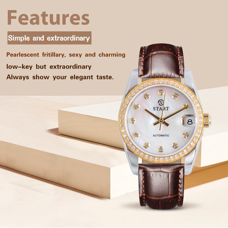 Start Женские часы с перламутровым циферблатом, модные повседневные автоматические механические часы, водонепроницаемые кожаные часы с функцией даты
