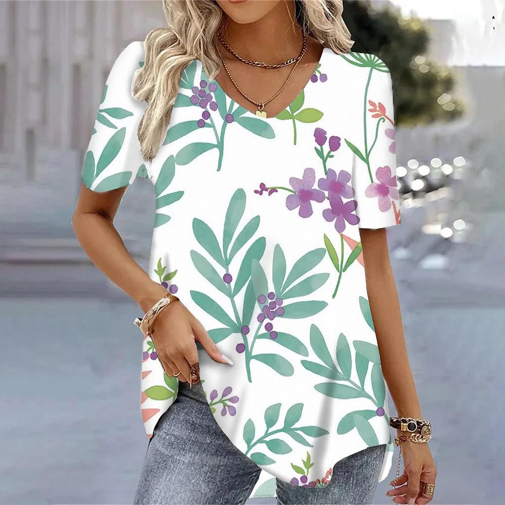 Летние модные футболки с 3D цветочным принтом, женская одежда, футболки, женские повседневные топы с короткими рукавами и v-образным вырезом, свободная блузка S-3XL