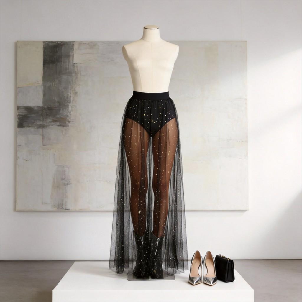Sexy Sheer Mesh Pleated Mini Skirt With Sparkling Sequin Pattern For Nightclub And Party Wear