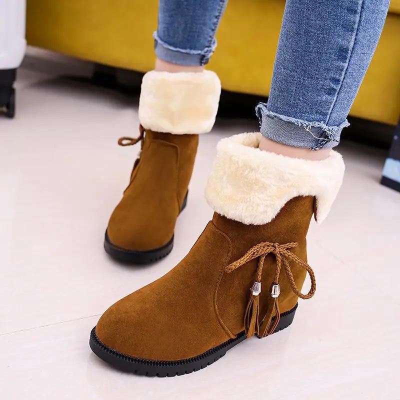 Shoes for Women Half High Mid Calf Womens Snow Boots Brown Tassel Elegant with Low Heels Work Winter 2024 Novelty Gyaru Fashion