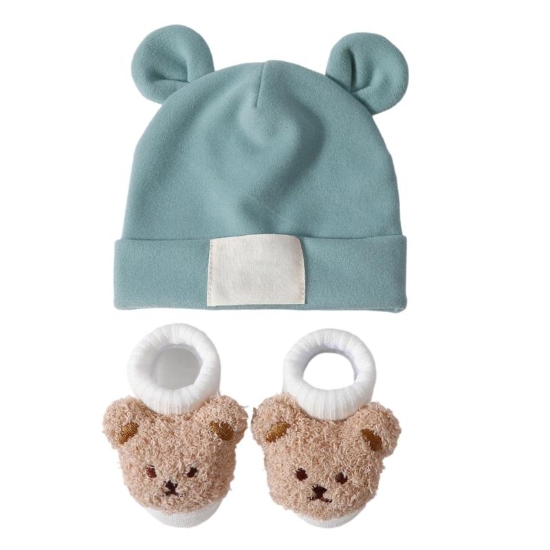 Дышащая детская шапка и носки с ушками Эластичная смесовая ткань Хлопок и Полиэстер Нежное воздейжение на чувствительную кожу Надежная посадка для младенцев