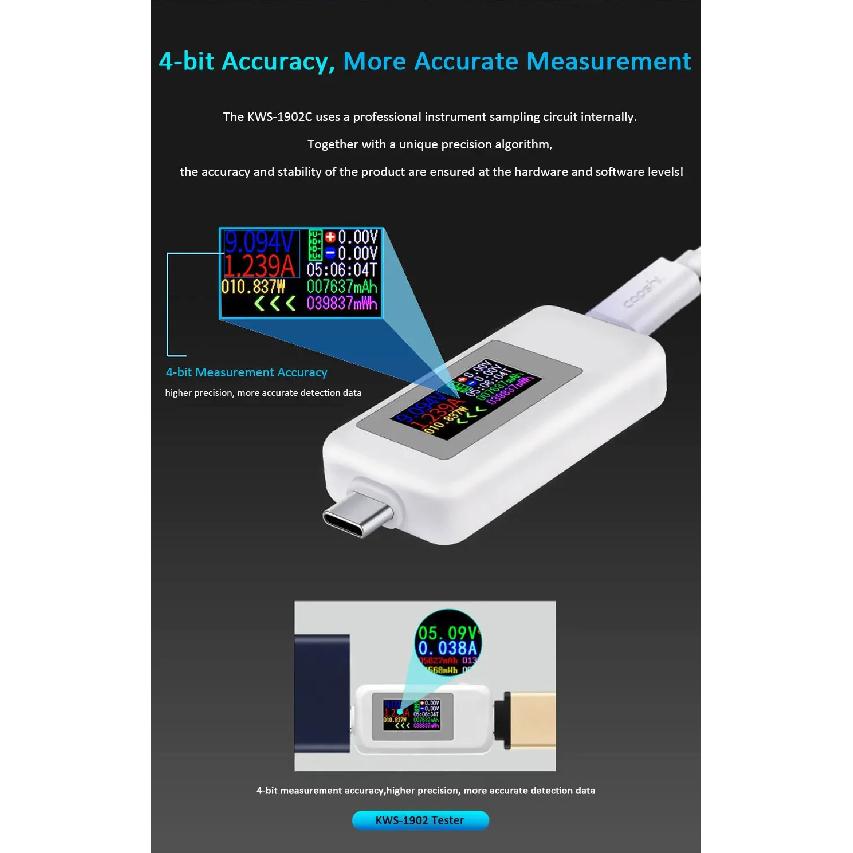 Type-C USB Tester 4-Digit Color Monitor 4-30V Volt Meter Current Power Detector Compatible w/ QC2.0/3.0/PD/Samsung Fast Charging