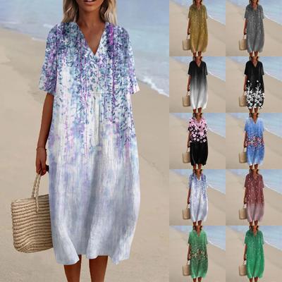 Женское свободное повседневное модное платье с V-образным вырезом и принтом, пляжная юбка
