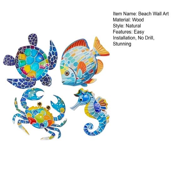 4 Pcs Wooden Beach Wall Decor Colorful Sea Turtle Fish Crab Seahorse Outdoor Sculptures Ocean Theme Wall Art for Garden Fence Home Wall