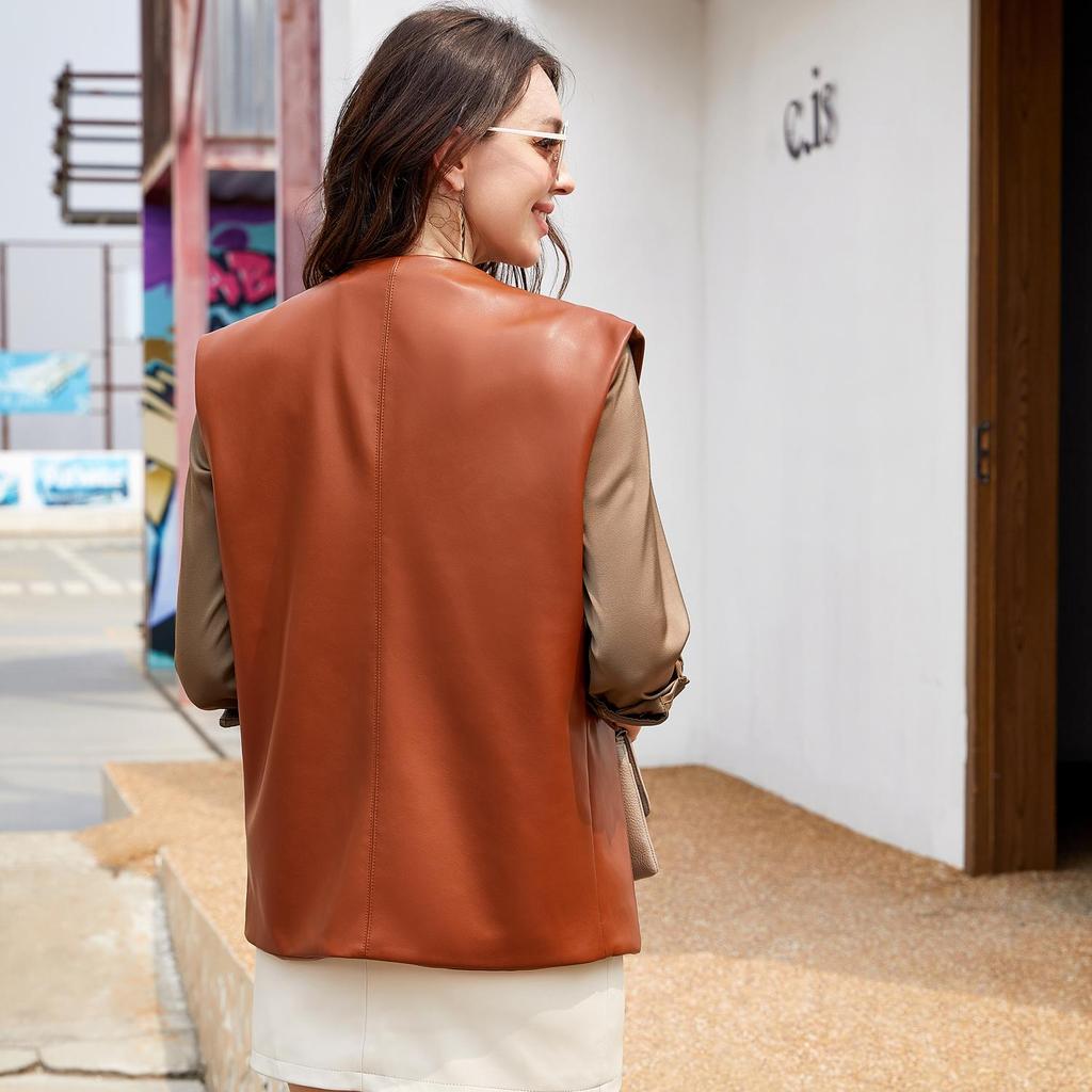 Кардиган-жилет для женщин, короткая куртка без рукавов из искусственной кожи с карманами, пальто большого размера со свободной талией черного, верблюжье-бежевого цвета